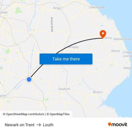 Newark on Trent to Louth map