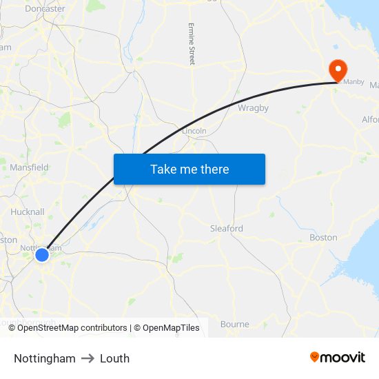 Nottingham to Louth map