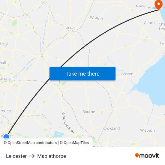 Leicester to Mablethorpe map