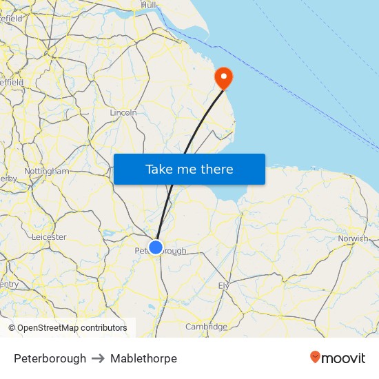 Peterborough to Mablethorpe map