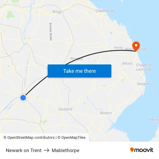 Newark on Trent to Mablethorpe map
