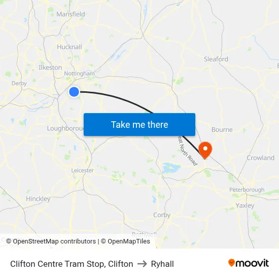 Clifton Centre Tram Stop, Clifton to Ryhall map