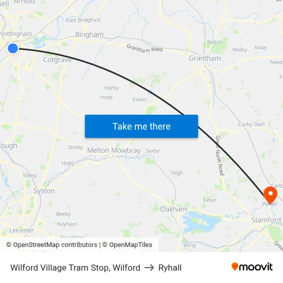 Wilford Village Tram Stop, Wilford to Ryhall map