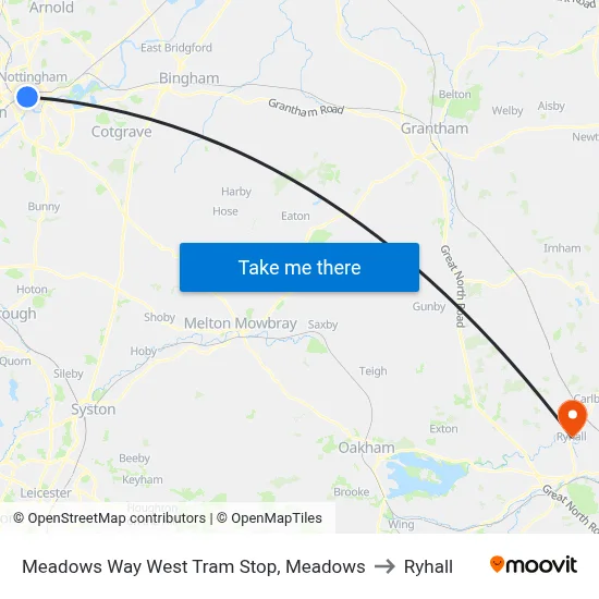 Meadows Way West Tram Stop, Meadows to Ryhall map
