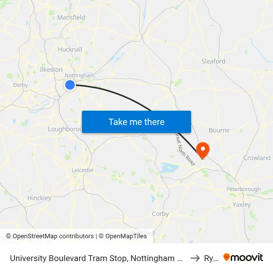University Boulevard Tram Stop, Nottingham University Main Campus to Ryhall map