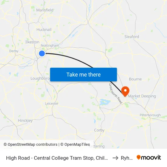 High Road - Central College Tram Stop, Chilwell to Ryhall map
