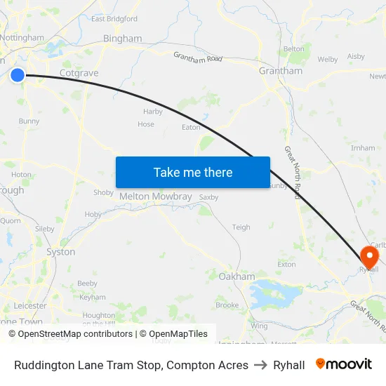 Ruddington Lane Tram Stop, Compton Acres to Ryhall map
