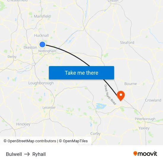 Bulwell to Ryhall map