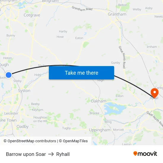 Barrow upon Soar to Ryhall map