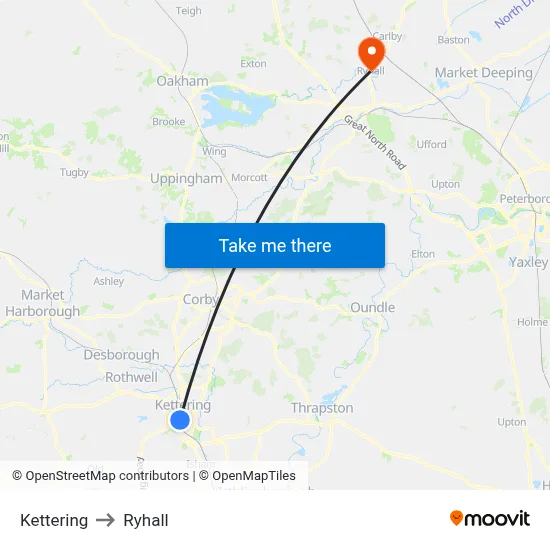 Kettering to Ryhall map