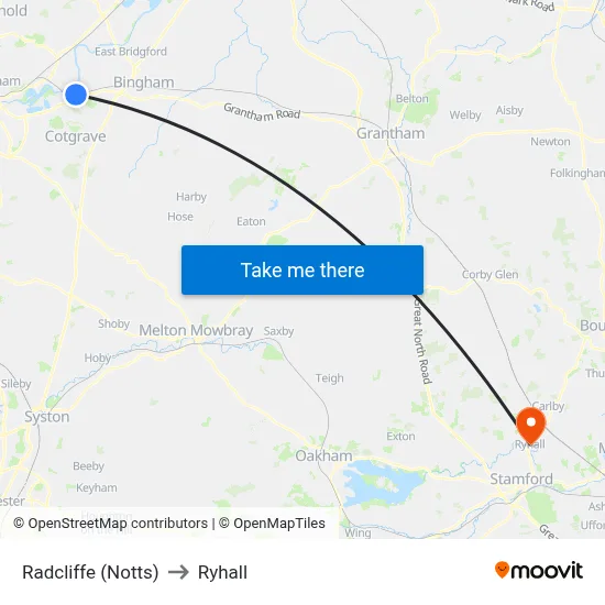Radcliffe (Notts) to Ryhall map