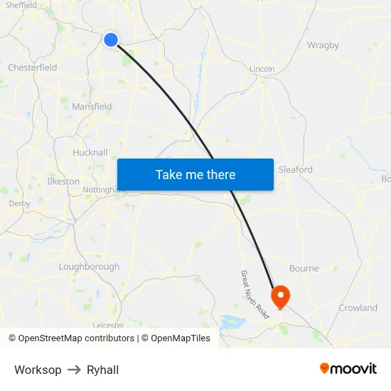 Worksop to Ryhall map