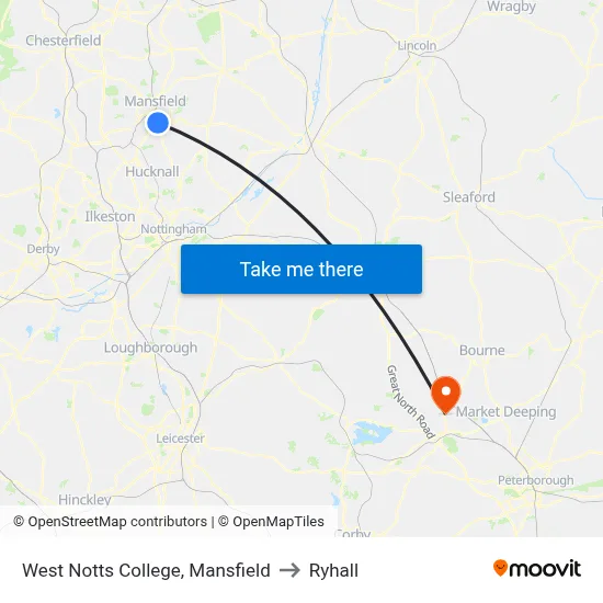West Notts College, Mansfield to Ryhall map
