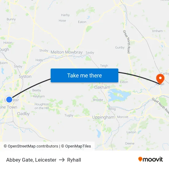 Abbey Gate, Leicester to Ryhall map