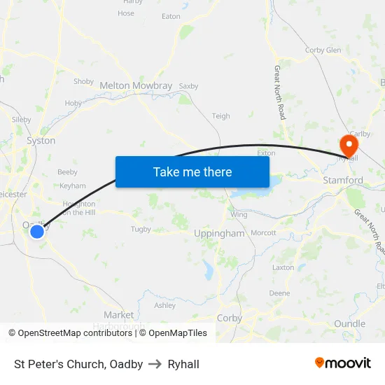 St Peter's Church, Oadby to Ryhall map