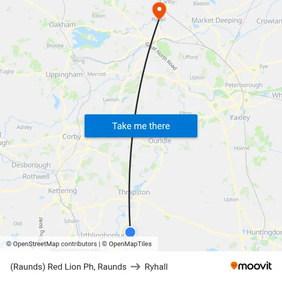 (Raunds) Red Lion Ph, Raunds to Ryhall map