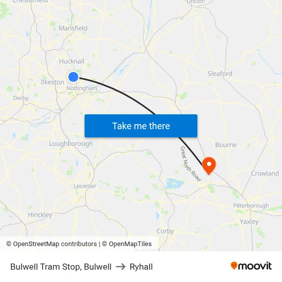 Bulwell Tram Stop, Bulwell to Ryhall map