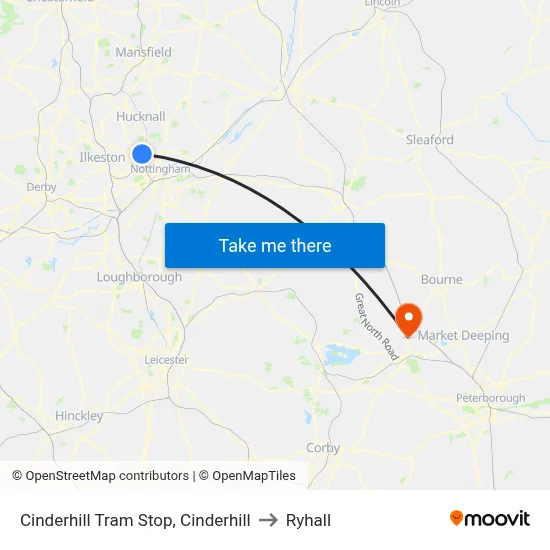 Cinderhill Tram Stop, Cinderhill to Ryhall map