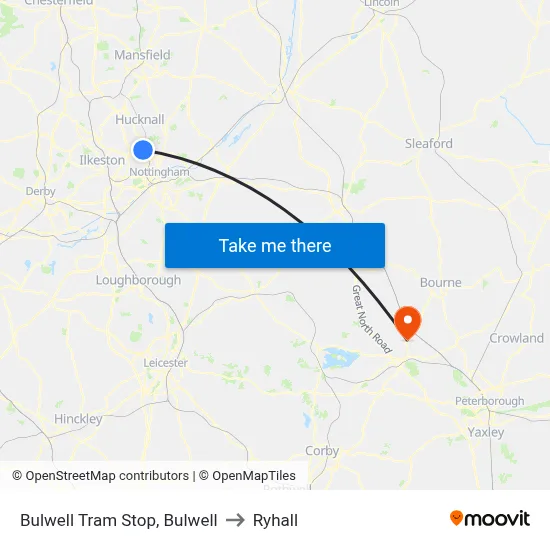 Bulwell Tram Stop, Bulwell to Ryhall map
