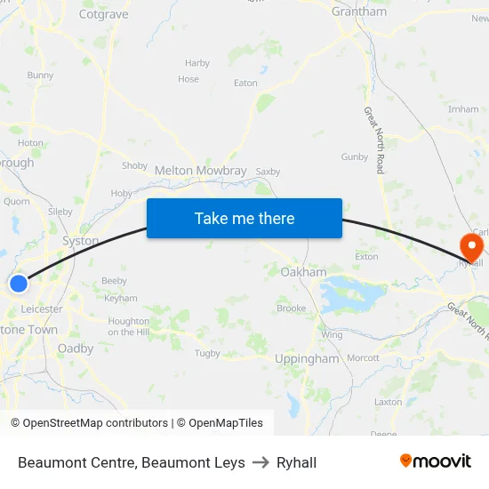 Beaumont Centre, Beaumont Leys to Ryhall map