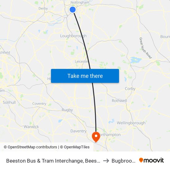 Beeston Bus & Tram Interchange, Beeston to Bugbrooke map
