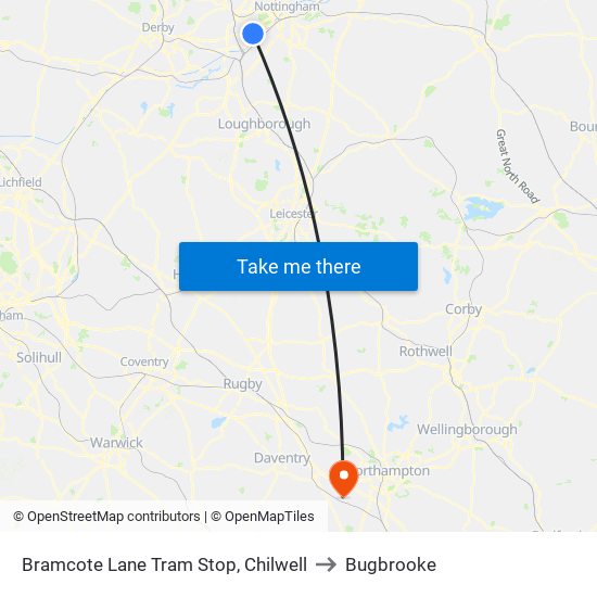 Bramcote Lane Tram Stop, Chilwell to Bugbrooke map