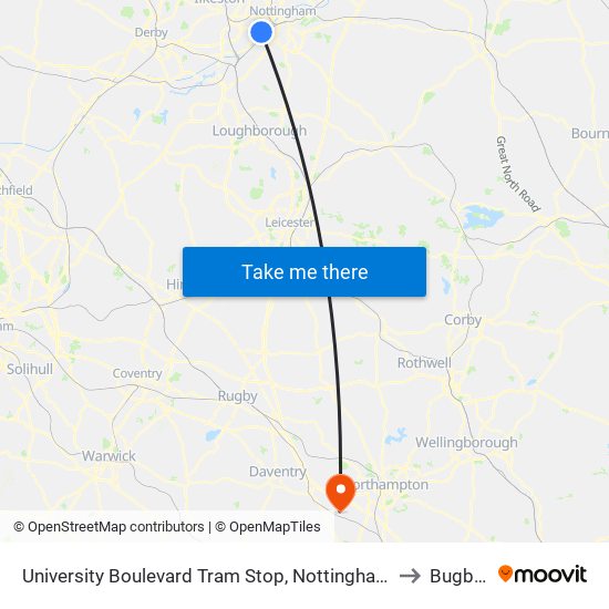 University Boulevard Tram Stop, Nottingham University Main Campus to Bugbrooke map