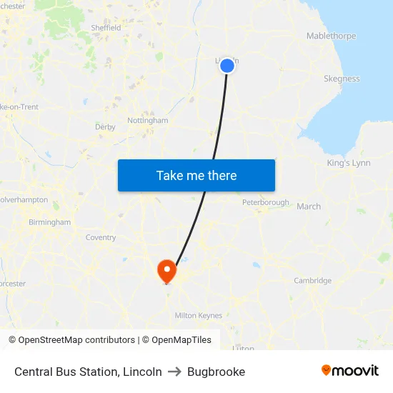 Central Bus Station, Lincoln to Bugbrooke map