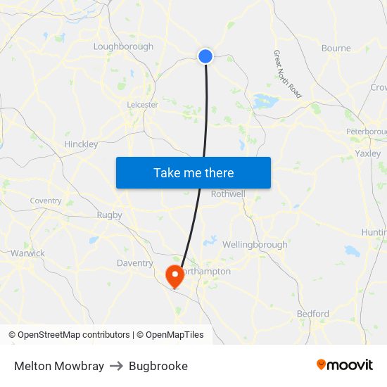 Melton Mowbray to Bugbrooke map