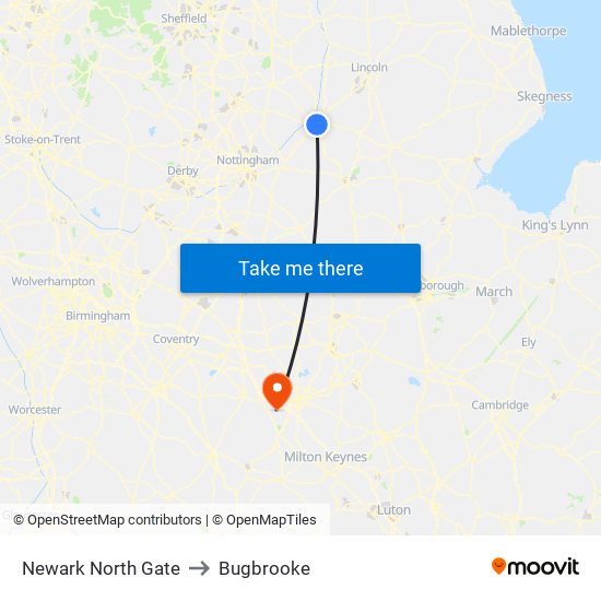 Newark North Gate to Bugbrooke map