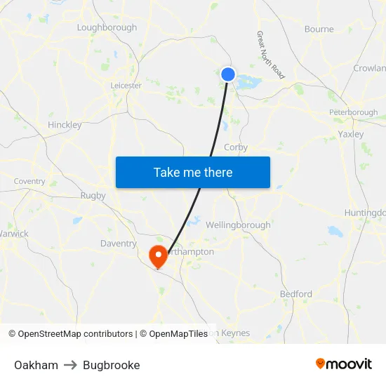 Oakham to Bugbrooke map