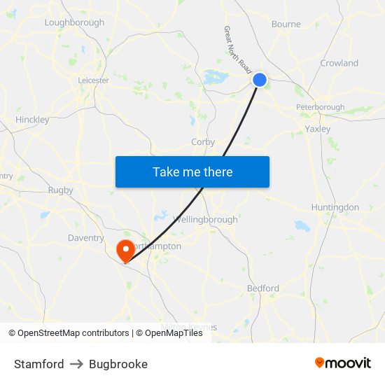 Stamford to Bugbrooke map