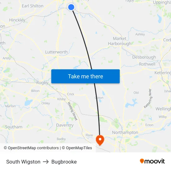 South Wigston to Bugbrooke map