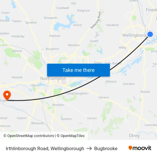 Irthlinborough Road, Wellingborough to Bugbrooke map