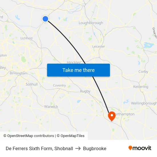 De Ferrers Sixth Form, Shobnall to Bugbrooke map