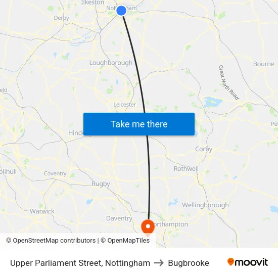 Upper Parliament Street, Nottingham to Bugbrooke map