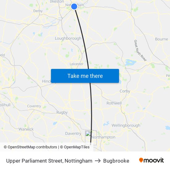 Upper Parliament Street, Nottingham to Bugbrooke map