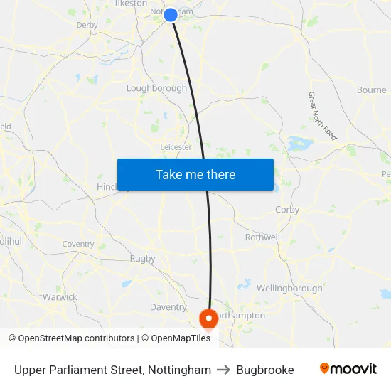 Upper Parliament Street, Nottingham to Bugbrooke map