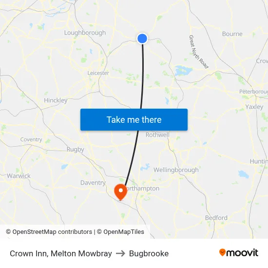Crown Inn, Melton Mowbray to Bugbrooke map
