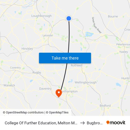 College Of Further Education, Melton Mowbray to Bugbrooke map