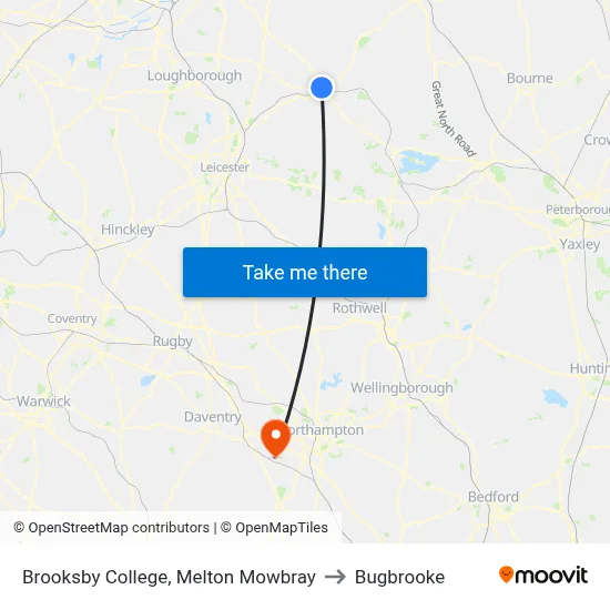 Brooksby College, Melton Mowbray to Bugbrooke map