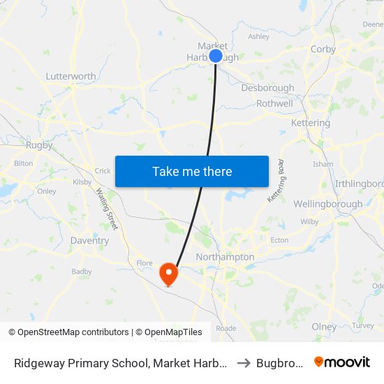 Ridgeway Primary School, Market Harborough to Bugbrooke map