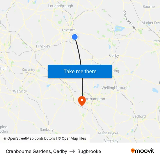 Cranbourne Gardens, Oadby to Bugbrooke map