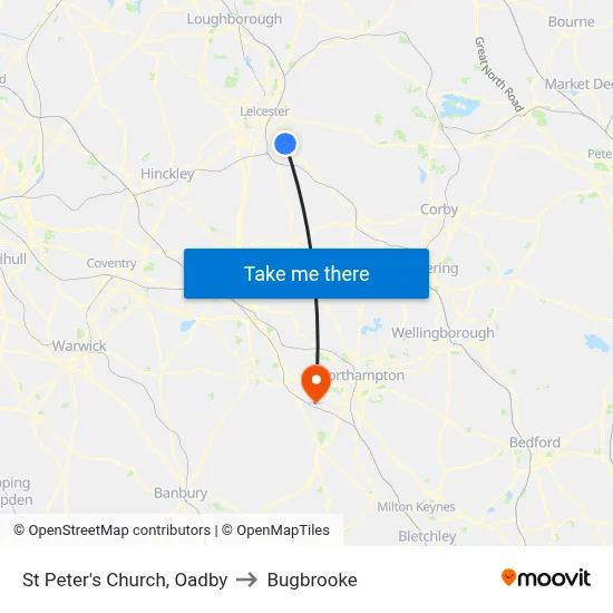 St Peter's Church, Oadby to Bugbrooke map