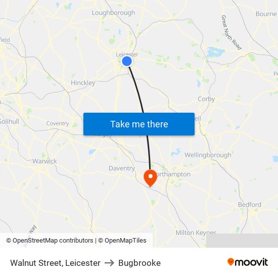 Walnut Street, Leicester to Bugbrooke map