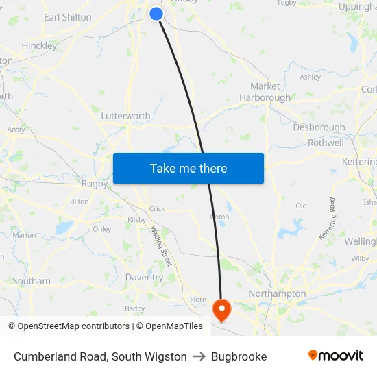 Cumberland Road, South Wigston to Bugbrooke map