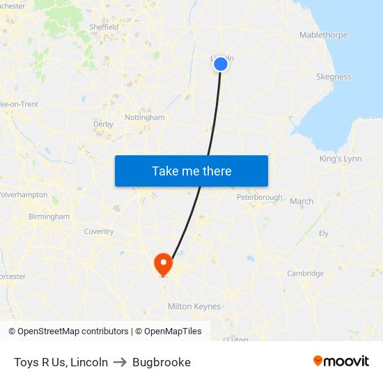 Toys R Us, Lincoln to Bugbrooke map