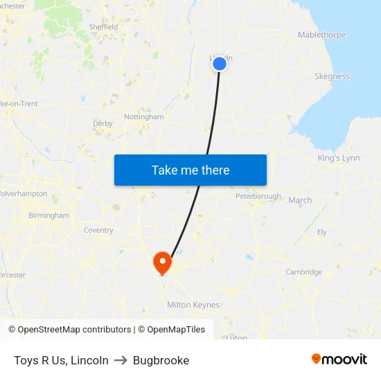 Toys R Us, Lincoln to Bugbrooke map