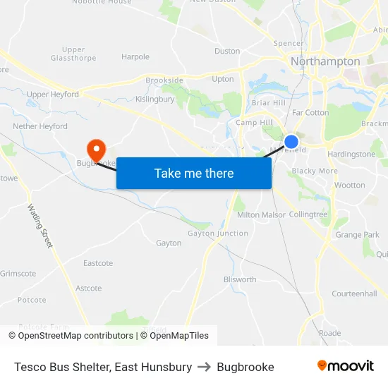 Tesco Bus Shelter, East Hunsbury to Bugbrooke map