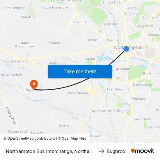 Northampton Bus Interchange, Northampton to Bugbrooke map